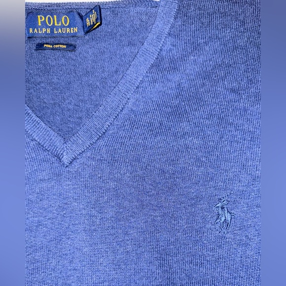 Ralph Lauren V Neck Pima Cotton Blue Long Sleeve Fine Knit Mens Size XL - Picture 2 of 4
